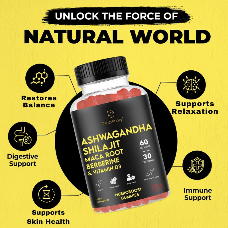 NeuroBoost 5-in-1 Wellness Gummies – Ashwagandha, Shilajit, Lion’s Mane, Maca Root & Vitamin D3 – 60 Vegan Gummies – Supports Relaxation, Cognitive Function & Immune System – High Strength Formula
