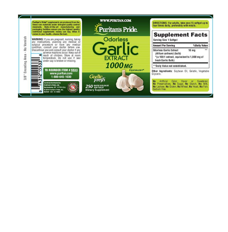 [Australia] - Puritan's Pride Odorless Garlic 1000 Mg Rapid Release Softgels, 250Count 250 Count (Pack of 1) 