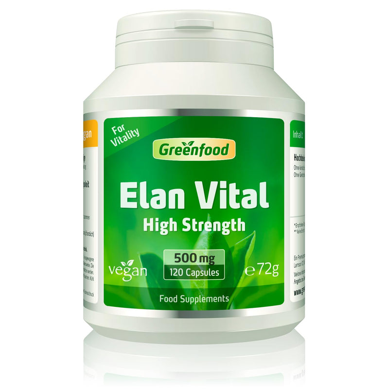 Greenfood Elan Vital, 500 mg, 120 Capsules, Vegan - with high-dose Plant extracts and zinc (contributes to Normal Fertility and Reproduction). Without Artificial additives. Without GMO.