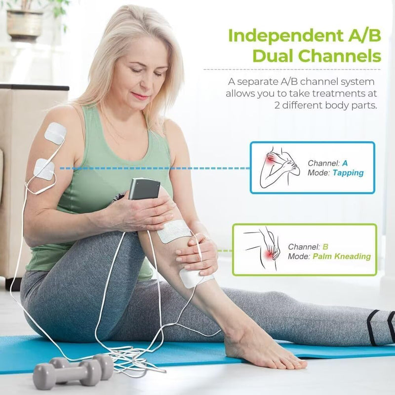 AUVON Dual Channel TENS Unit Muscle Stimulator Machine with 20 Modes, 2" and 2"x4" TENS Unit Electrode Pads A Silver