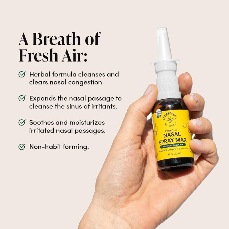 [Australia] - Beekeeper's Naturals Propolis Nasal Rinse Spray Max, Relief for Adults w/Eucalyptus, Oregano & Saline, Clears Nasal Congestion, Moisturizes Sinus Canal, & Decongest Sinus Cavities, 1 fl oz 1 Fl Oz (Pack of 1) 