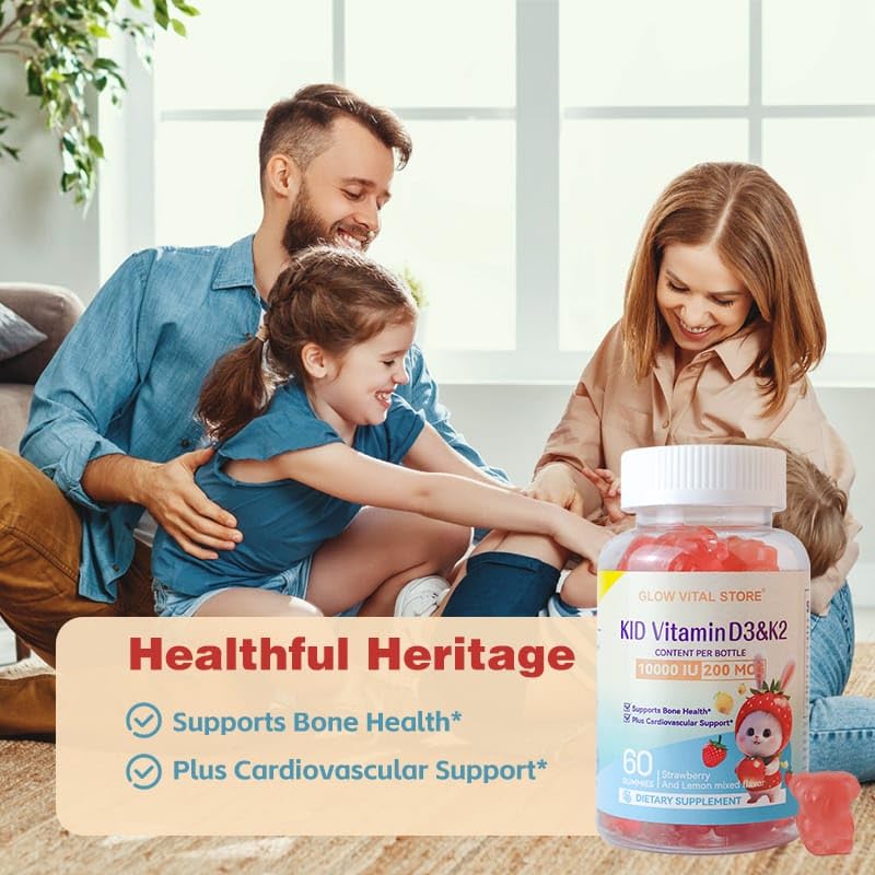 Kids Vitamin D3 + K2 Gummies – 10000 IU D3 & 200 mcg K2 – Bone, Teeth & Heart Support – Strawberry & Lemon – Vegan, Non-GMO, Allergen-Free – 60 Chewables by Glow Vital Store (1) 1