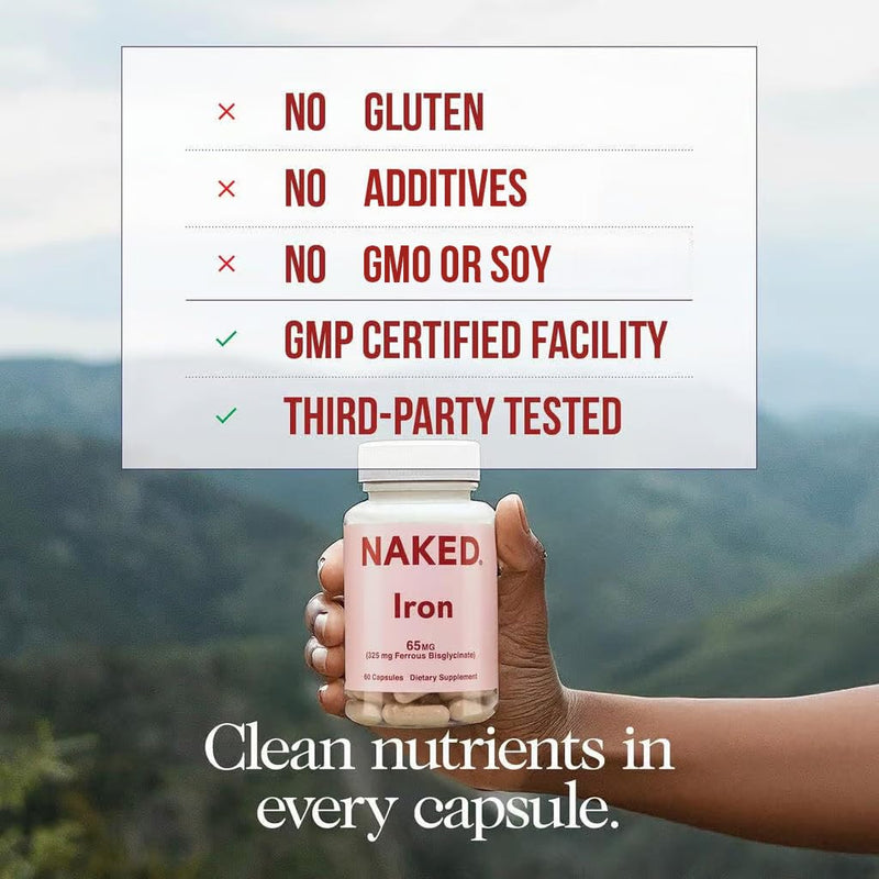 [Australia] - Naked Iron 65mg, 325mg Ferrous Bisglycinate - High Potency Iron Supplement for Iron Deficiency, Cellular Energy Support, Promotes Healthy Red Blood Cell Production, Non-GMO, Gluten-Free, 60 Capsules 