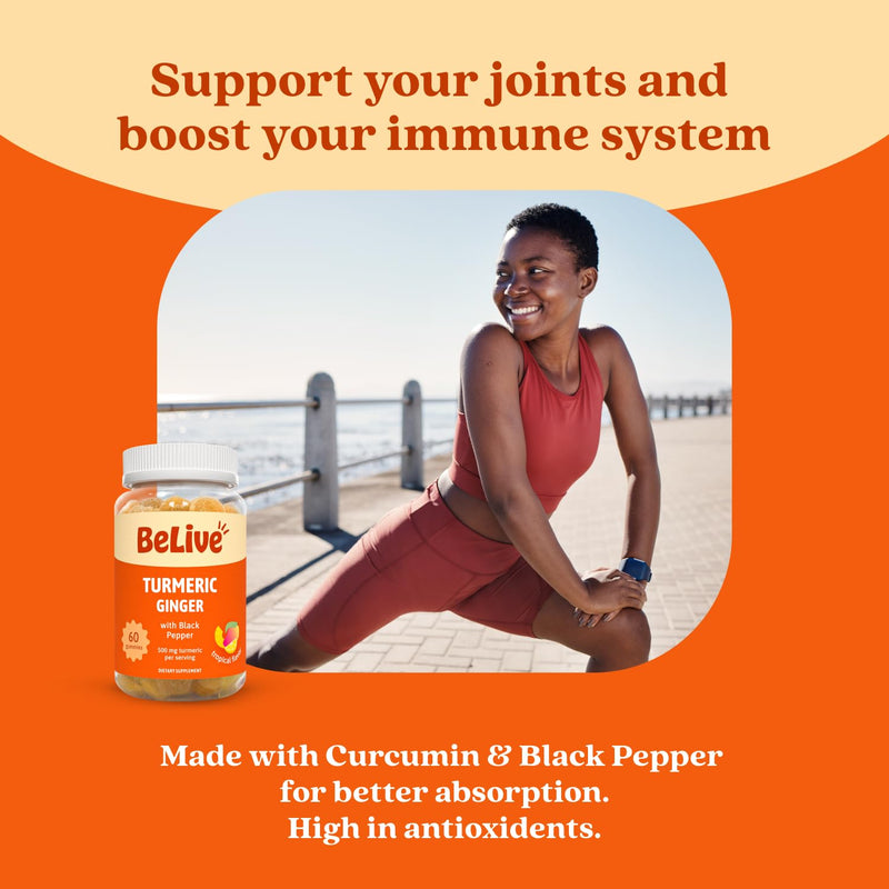 [Australia] - BeLive Turmeric Curcumin with Black Pepper & Ginger - 500 mg of Turmeric and Ginger Supplement for Immune Support, Healthy Skin, and Mobility - Tropical Flavor | 60 Count 60 Count (Pack of 1) 