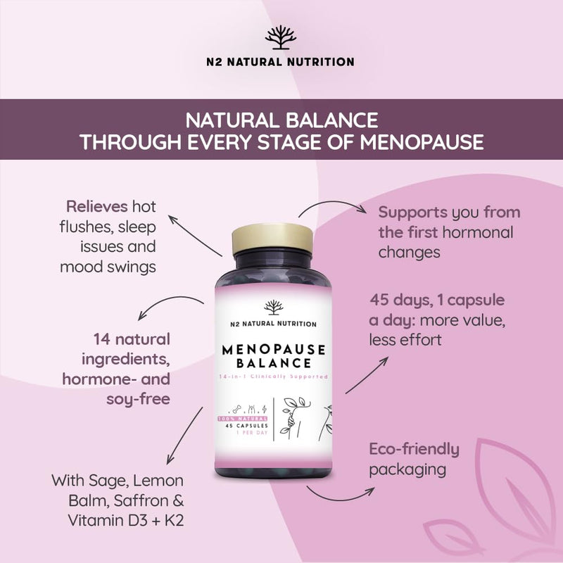 Menopause Supplements, 14-in-1 Formula with Clinical Support. 45 Capsules with Vitamin d3 k2, Omega 3, Biotin, Folic Acid. Estrogen and Hormone Balance for Women. N2 Natural Nutrition® Menopause Supplements