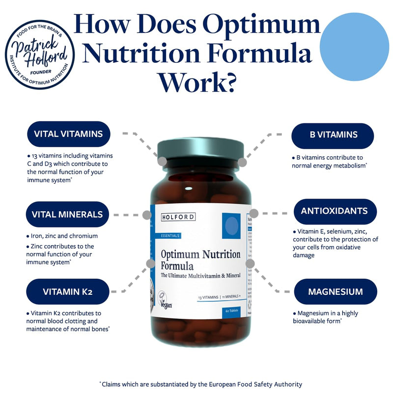 Patrick HOLFORD Optimum Nutrition Formula/The Ultimate, Multi-Vitamin & Mineral Supplement/for Daily & Long-Term Health / 24 Nutrients/Naturally Sourced / 60 Tablets/Vegan/for Women & Men