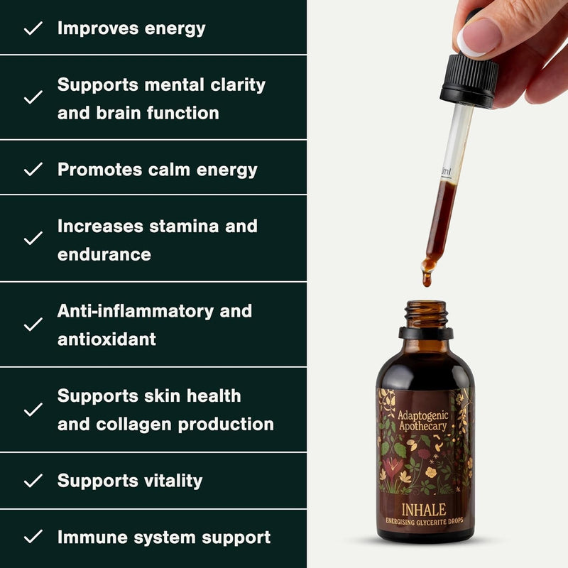 Inhale – Premium Vitality Drops | Daily Botanical Glycerite with Ginger, Matcha, Gotu Kola & Siberian Ginseng | Alcohol-Free | 50ml, 25 Servings | UK-Made, Vegan