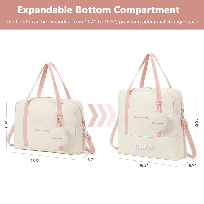 Travel Duffel Weekender Overnight Bag, Waterproof Sports Gym Carry On Tote Bag Personal Item holdall Bag for Women Beige