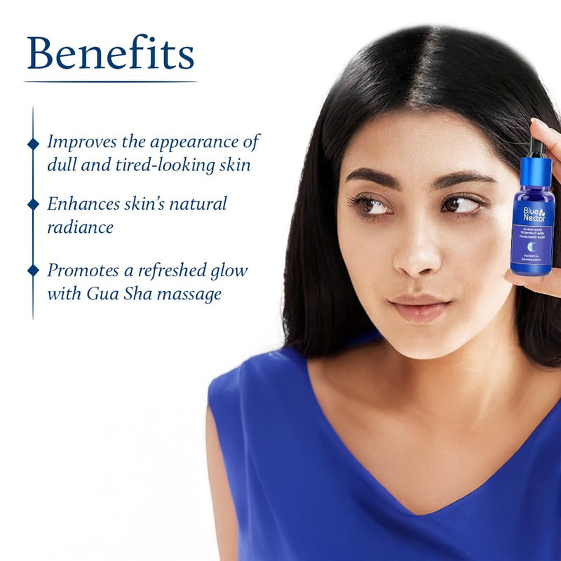 Blue Nectar Vitamin C Serum for Oily Skin & Dry Skin with Gua Sha | Plant-Based Face for Glowing Skin & Pigmentation | Hyaluronic Acid Serum for Women & Men (9 Herbs, 1 Fl Oz)
