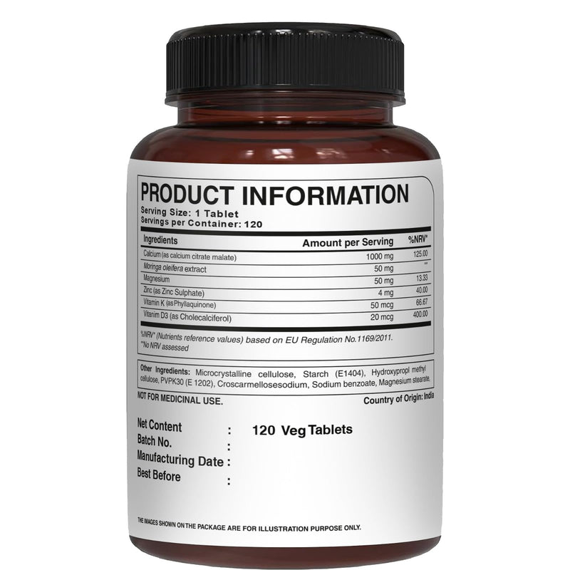 Pure Nutrition Ultra Calcium 1000mg with VIT D3 + K | 120 Tab | Highly absorbable Supplement with Calcium Citrate Malate, VIT D3, K, Moringa Oleifera, Magnesium and Zinc. 120 count (Pack of 1)