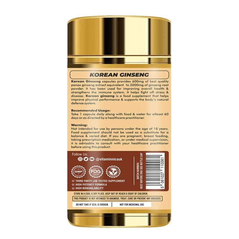 Vitaminnica Korean Ginseng High Strength (Eqv. 3000mg) Energy, Focus, Immune Support & Vitality - Natural Adaptogen for Stress Relief | 60 Veg Capsules