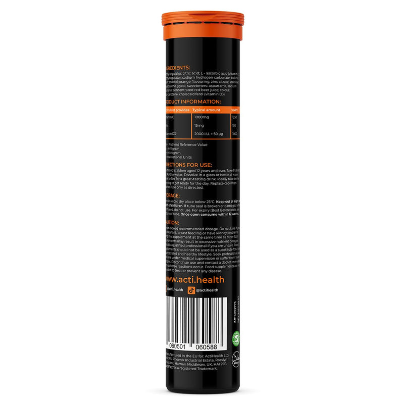 3X ActiFizz Vitamin C 1000mg, Zinc + Vitamin D3 | 60 Effervescent Tabs | Orange Flavour | Immunity Boost | Halal Certified