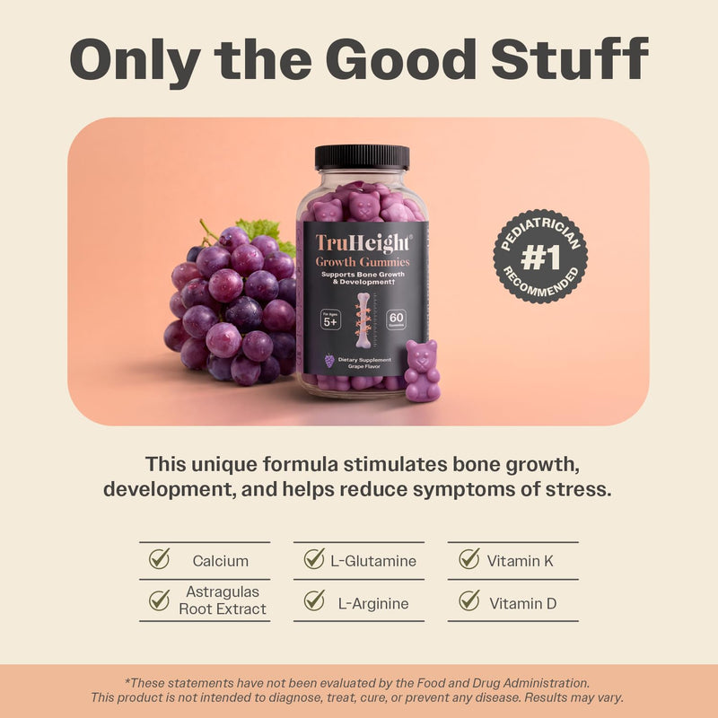 TruHeight Growth Gummies (Grape) Tall Nutrition for Natural Growth Supplement for Kids & Teens - Vitamin D, K, Calcium & Ashwagandha, Bone Strength Vitamins D3 K2, Picky Eater, Taller Ages 5+ 60 Count (Pack of 1) Grape