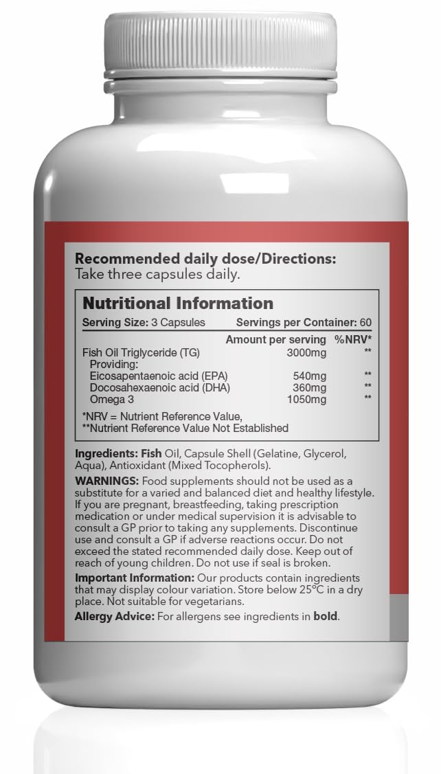 Pure Omega 3 1000mg Capsules | Supports Heart, Brain & Eye Health | Rich in Omega 3 Fatty Acids | 540mg of EPA and 360mg of DHA per Serving | 360 Capsules = 4 Months’ Supply | Made in The UK Unflavoured 2 count (pack of 180)