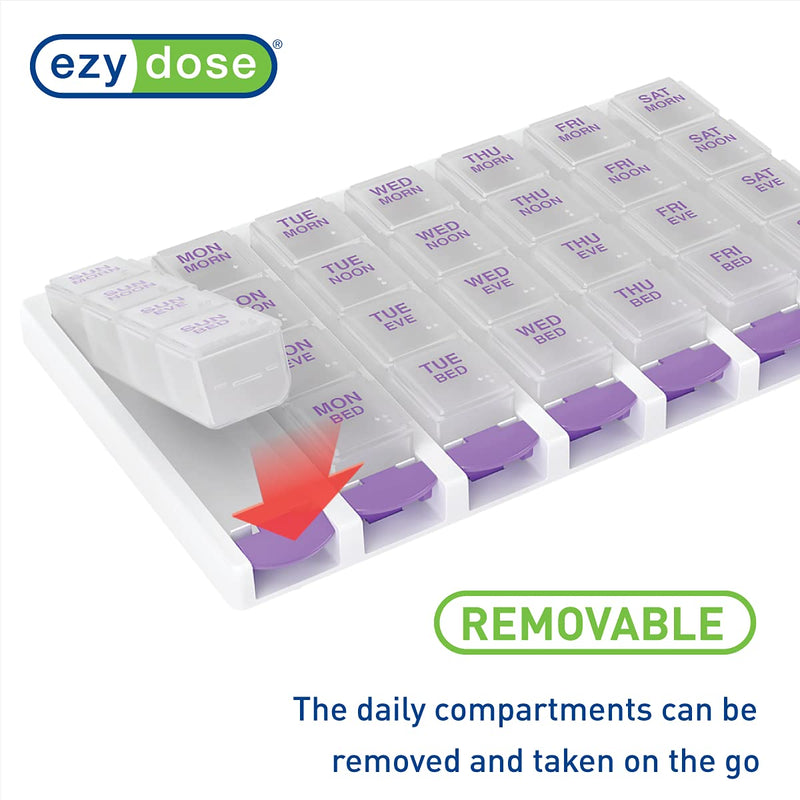 Ezy Dose Push Button Weekly 7-Day, 4X Per Day Pill Organizer, Purple, Large | Weekly Pill Case, Medicine Planner, Daily Vitamin Organizer, 4 Times a Day, Arthritis Friendly Push Button Lids, BPA Free