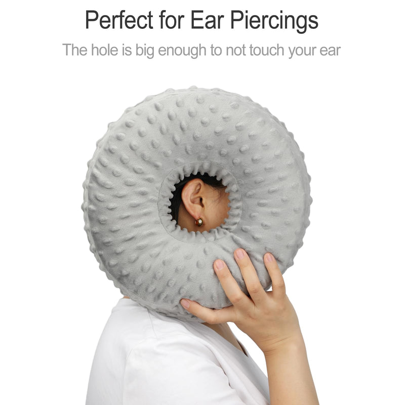Ear Piercing Pillows with Washable Covers for Side Sleepping with an Holes Full Open Zipper CNH Pressure Sore Relief O-Shaped Cartilage Support Protector Cushion Minky Dot Grey