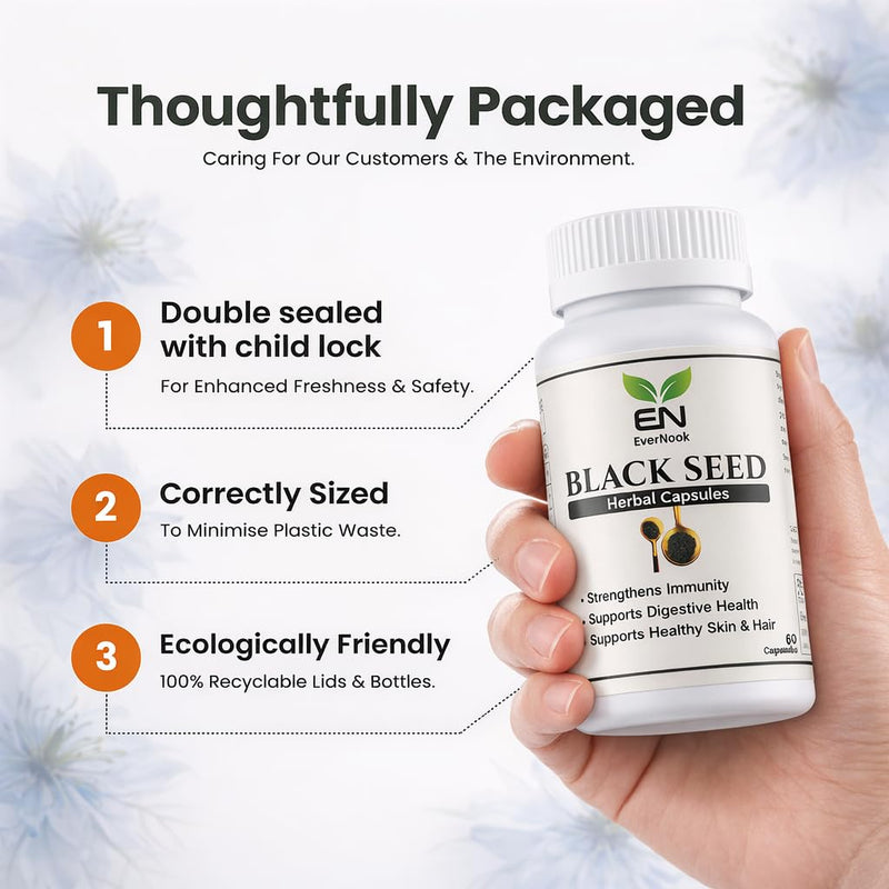 Black Seed Capsules 500mg – Nigella Sativa Extract Supplement – 60 Vegetarian Capsules – Black Cumin Seed Herbal Supplement for Immune Support, Digestive Health & Skin and Hair Support
