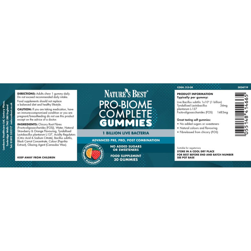 Nature’s Best ProBiome Complete Gummies - One Billion Live Bacteria - Strawberry & Orange Flavour - 30 Gummies (30 Day Supply)