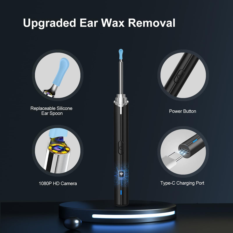 [Australia] - Ear Wax Removal, Ear Cleaning kit with 1296P Camera, Ear Camera with 6 LED Lights, Earwax Remover Tool for iPhone, iPad & Android, Ear Cleaner Earwax Removal Kit Black Normal 