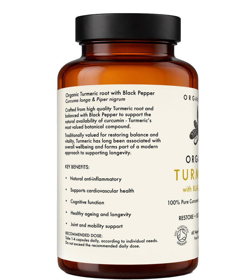 Organic Turmeric with Black Pepper | 600mg Curcuma Longa | 100% Pure | Longevity & Joint Comfort | Vegan Capsules | Soil Association Certified