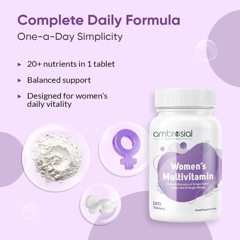 Ambrosial Women’s Multivitamin Tablets – 20+ Essential Vitamins, Minerals & Botanicals – Grape Seed, Green Tea, Ginkgo & Ginseng – Daily Energy, Balance, Vitality & Wellness – 120 Tablets (4 Months)