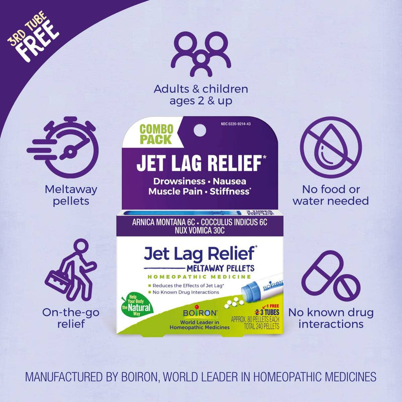 Boiron Jet Lag Relief Kit - Travel Essential for Relief from Nausea, Stiffness, Muscle Pain, and Drowsiness from Long Flights - 3 Count (240 Pellets)