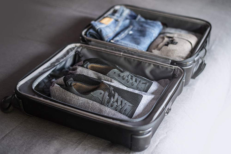 LeanTravel Bundle Compression Packing Cubes Set of 3 Color Black + Shoe bags for Travel Set of 6 - Color Grey