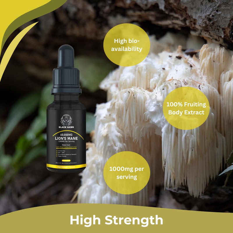 Lions Mane Supplement Liquid 60000mg - 60 Vegan Servings High Strength Lions Mane Mushroom Fruiting Body Extract - 2 Months Supply - Nootropic - Made in The UK by BLACK HAWK