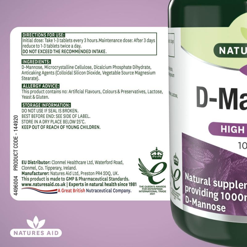 Natures Aid D-Mannose 1000mg - High Strength - Supports Urinary Tract Health - Vegan - Non-GMO - Gluten Free - Antioxidant Support - Food Supplement for Women & Men - 60 Tablets