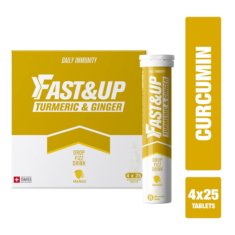 FAST&UP Turmeric & Ginger Effervescent Tablets, Herbal Supplement with Curcumin, Zinc, Black Pepper, 100 Tablets (4 x 25), Mango Flavour, by Fullife Healthcare 1 count (Pack of 100)