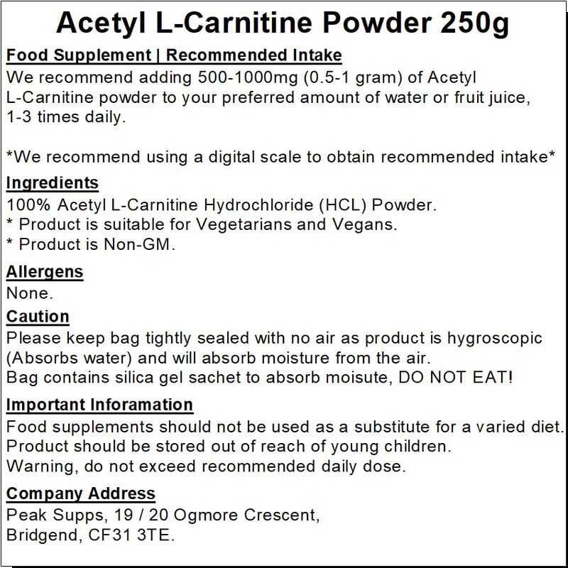 Acetyl L Carnitine Powder 250g | Pure ALCAR