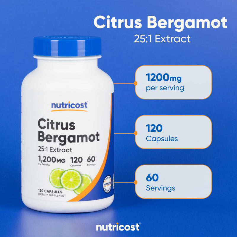 [Australia] - Nutricost Citrus Bergamot Capsules 1,200mg, 120 Capsules - 25:1 Bergamot Extract - 60 Servings, Gluten Free, Vegan & Non-GMO 120 Count (Pack of 1) 