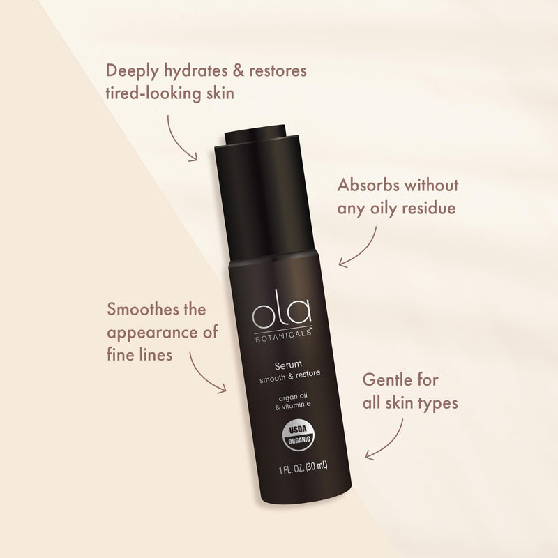 Ola Botanicals Organic Serum, 13 Botanical Oils, 1 fl oz (30 mL) | Smooth and Restore, Argan Oil and Vitamin E, Certified USDA Organic, Cruelty Free, Non-GMO, Non-Greasy