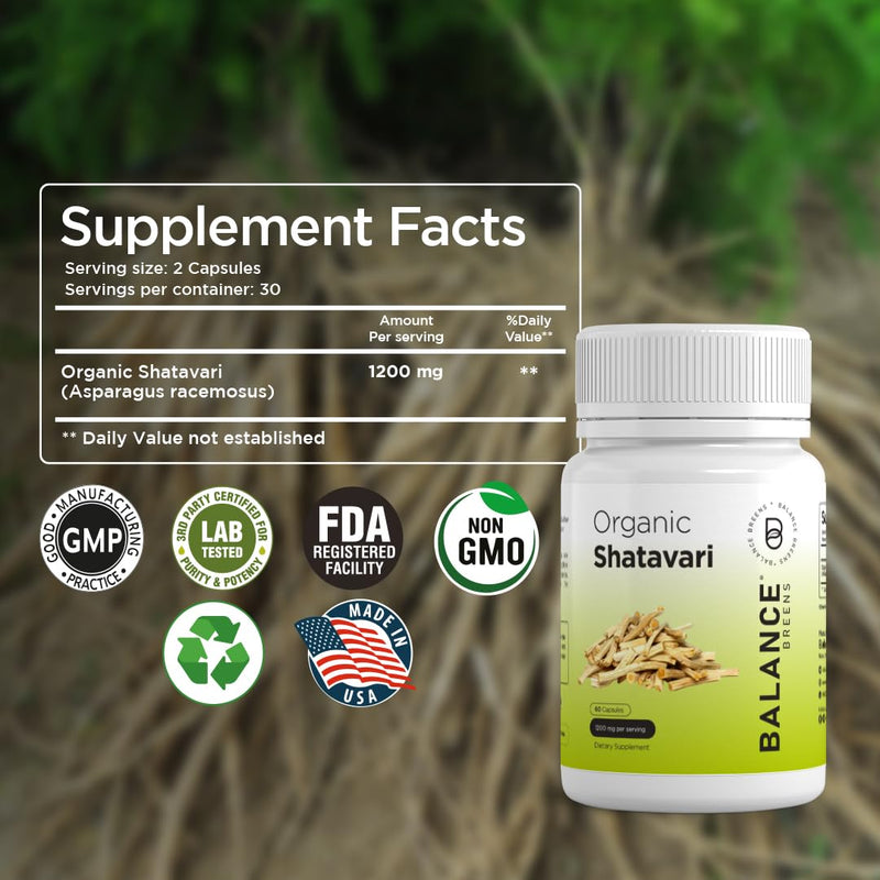 [Australia] - Organic Shatavari Capsules 1200mg - 60 Capsules - Lactation Vitamins for Breastfeeding - Hormonal Balance for Women - Asparagus Racemosus Roots Herb 60 Count (Pack of 1) 