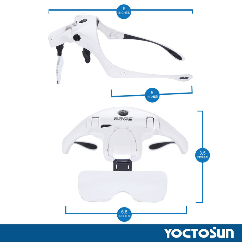 [Australia] - YOCTOSUN Magnifying Glasses with 4 LED Lights, Headband Magnifier with 5 Detachable Lenses 1X, 1.5X, 2X, 2.5X 3.5X -Rechargeable Hands Free Lighted Head Magnifier Glass for Crafts, Cross Stitch, Hobby White 