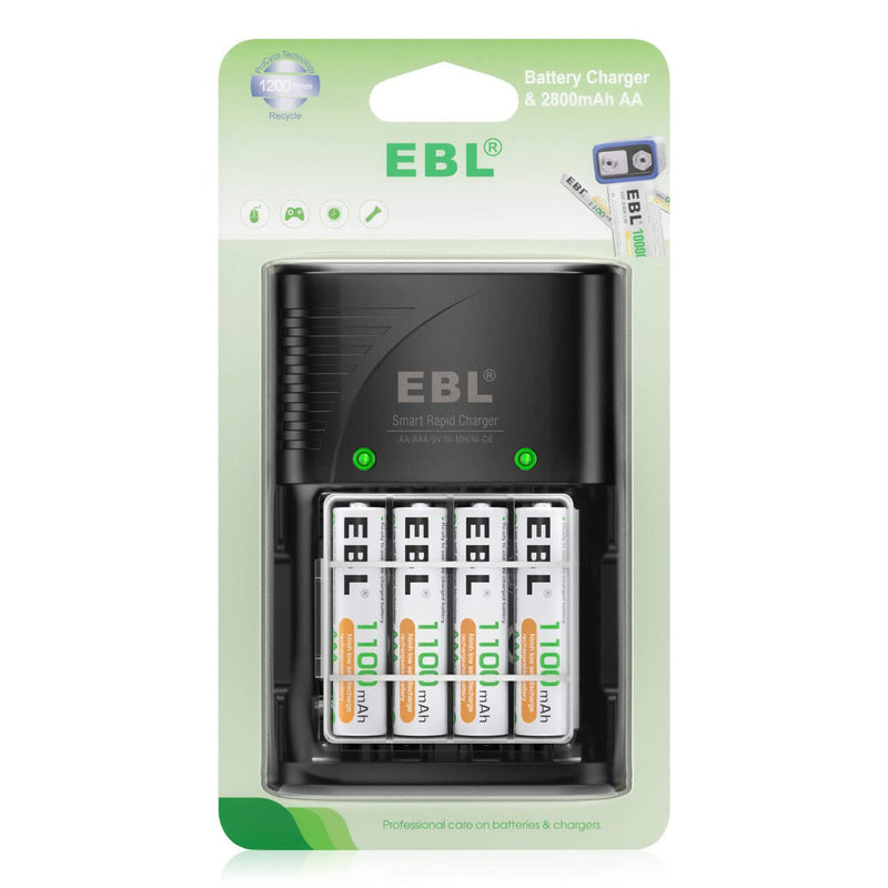 EBL Rechargeable AAA Batteries, 4-Pack Triple AAA Battery and AA AAA Battery Charger with Foldable AC Power Plug 4 AAA Battery + Charger