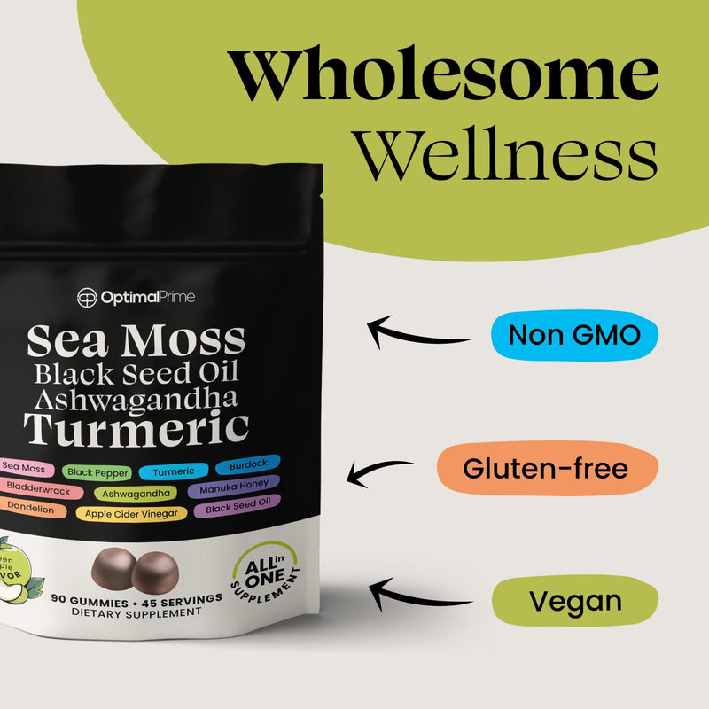 [Australia] - Sea Moss Gummies, Sea Moss 3000mg, Black Seed 2000mg, Ashwagandha 1000mg, Turmeric, Manuka Honey, ACV, Dandelion, Black Pepper, Burdock, Bladderwrack, Vegan, 90 gummies 