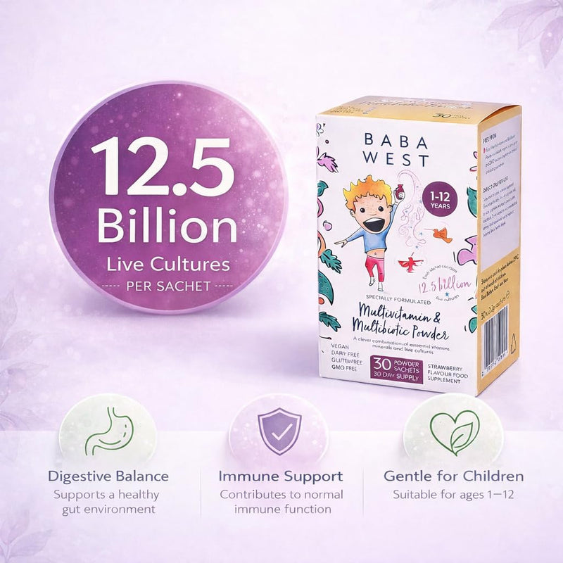 Children’s Multivitamin & Multibiotic Powder - 12.5 Billion Live Cultures & 13 Vitamins - Easy Daily Sachets for 1-12 Years - 30 Sachets (1 Month Supply)