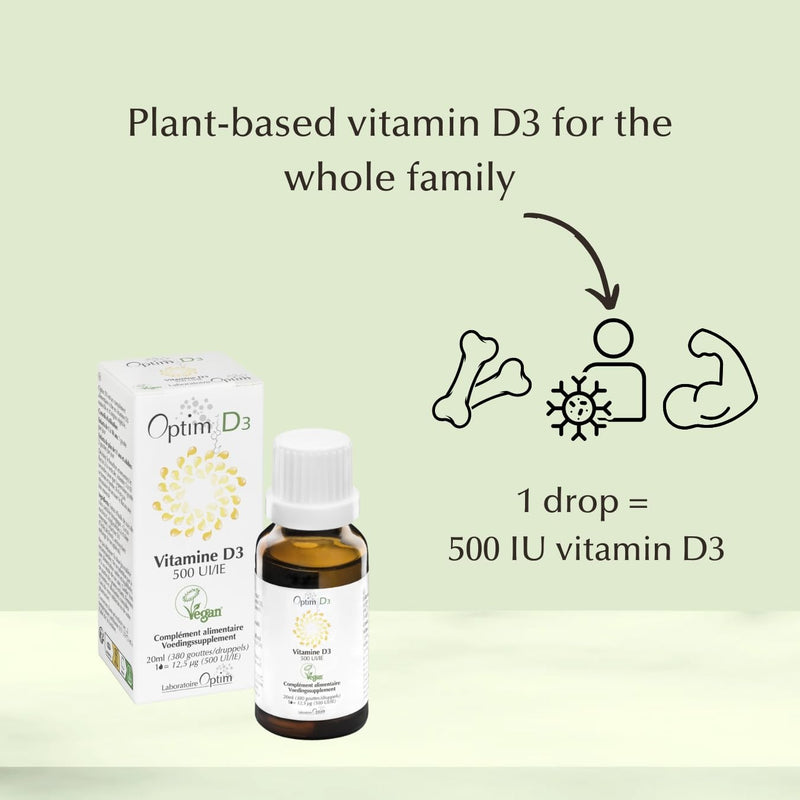 OPTIM D3 Plant-Based Vitamin D3 Supplement | Vitashine Vegan Vitamin D3 500 IU per Drop in Coconut Oil | for Children and Adults | High Strength | 380 Drops