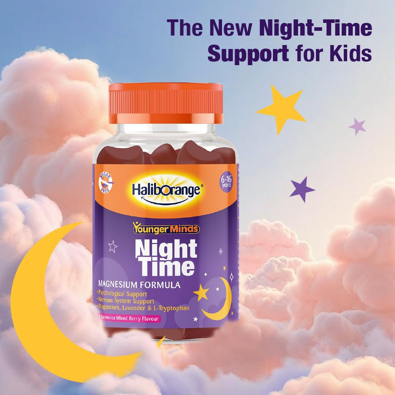 Haliborange YoungerMinds Night-time Gummies for Kids 6–16 | Sugar-Free Sleep Support with Magnesium, L-Tryptophan, B6 & Lavender | Promotes Relaxation & Bedtime Routine – 60 Gummies 60 count (Pack of 1)