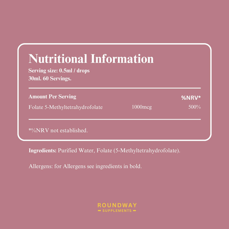 Methylfolate Folic Acid 1000mcg Drops as 5-Methyltetrahydrofolate | 5-MTHF Vitamin B9 Supplement for Pregnancy | 30ml, 60 Servings, 2 Month Supply | Made in The UK by Roundway Supplements