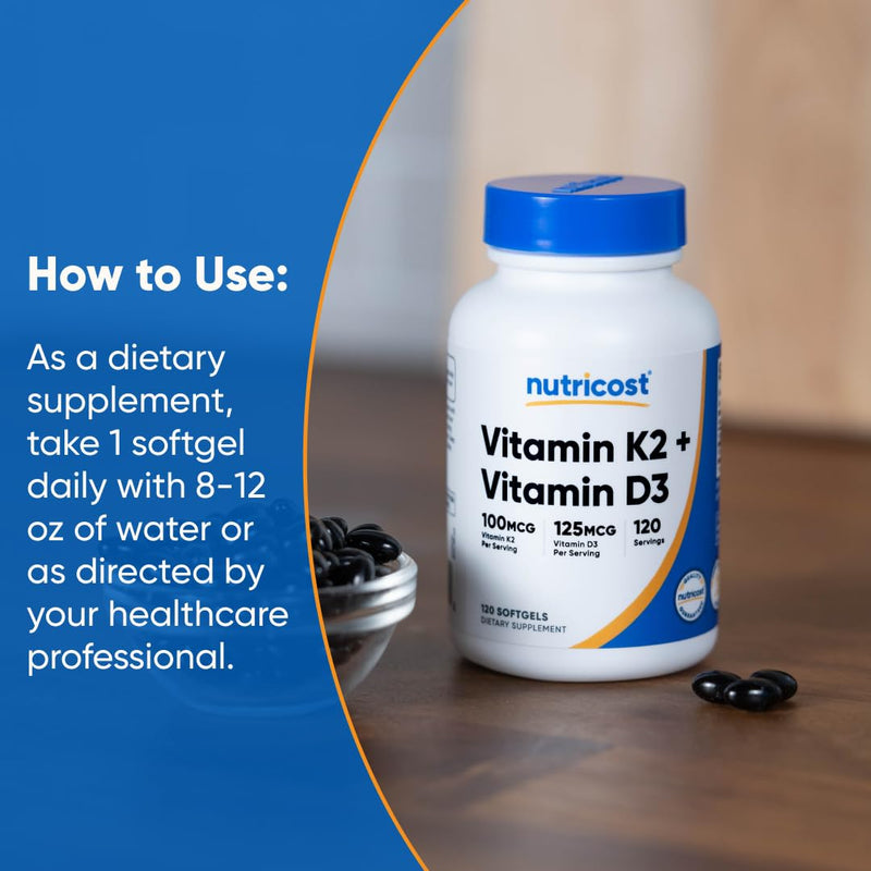 Nutricost Vitamin K2 (MK7) (100mcg) + Vitamin D3 (5000 IU) 120 Softgels - Gluten Free and Non-GMO (Pack of 2) 120 Count (Pack of 2)