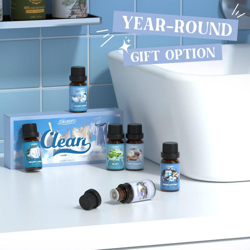 [Australia] - SALUBRITO Clean Essential Oils Set, Natural Aromatherapy Fragrance Oil for Diffusers, Candle Making, Clean Cotton, Fresh Linen, Clean Home, Powder, Flower Soap, Mint 