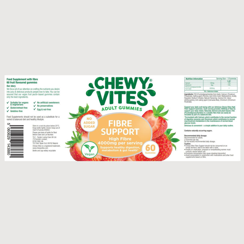 Chewy Vites Adults Fibre Support, 60 High Fibre Gummies with 4000mg, with Calcium & Chromium, 1 Month Supply, Vegan, Strawberry Flavour, for Gut Health and Healthy Digestion