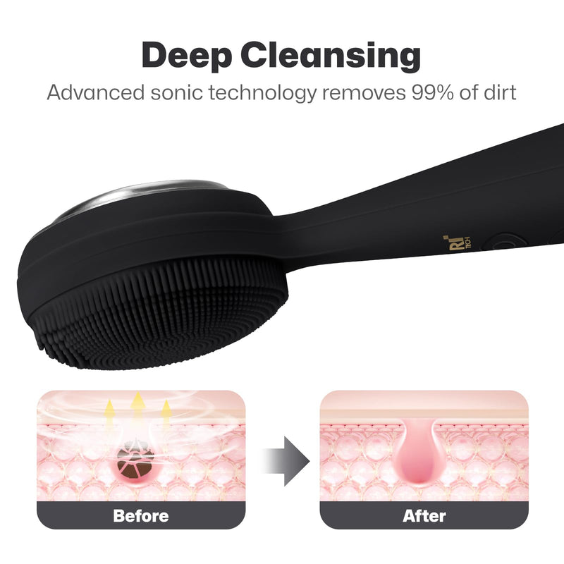 PRITECH Facial Cleansing Brush, Rechargeable Silicone Face Scrubber with Constant-Temperature Heating, Vibrating Exfoliator Scrubber for Deep Pore Cleaning, Waterproof Face Brush for Women & Men-Black Black
