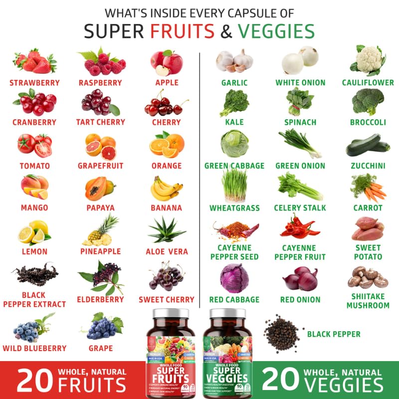 N1N Premium Super Fruits & Veggies Supplement, 180 Caps, Whole Food & Natural Superfood for Women, Men & Kids - Packed with Aloe Vera, Vitamins & Minerals