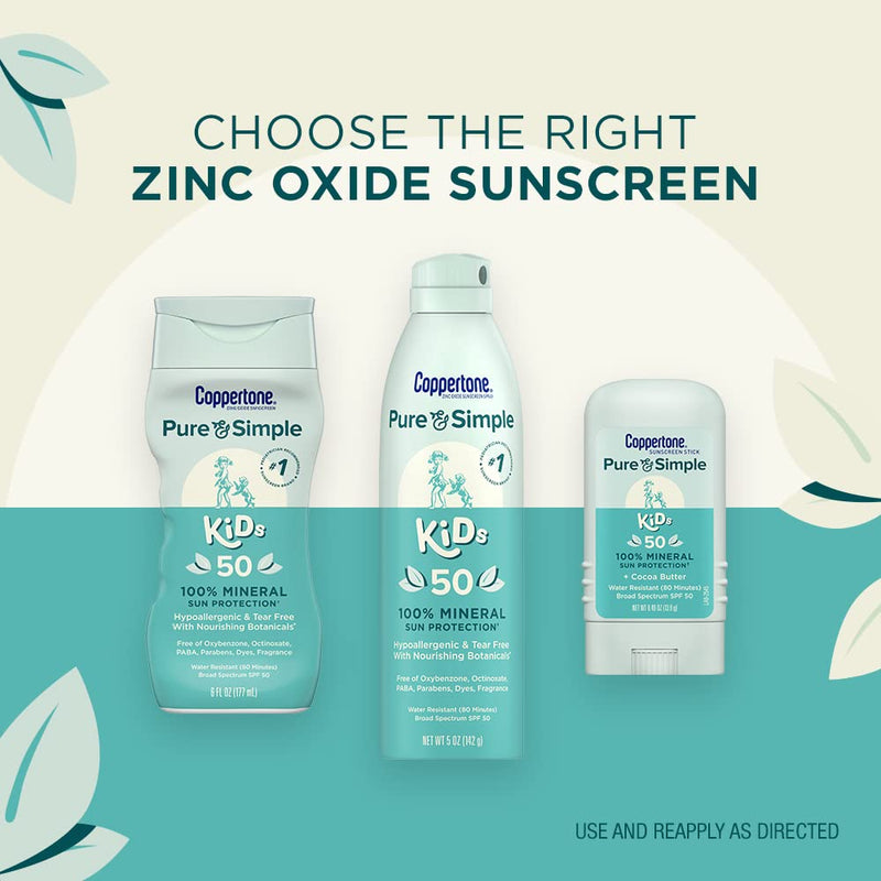 [Australia] - Coppertone Pure and Simple Kids Sunscreen Spray SPF 50, Zinc Oxide Mineral , Tear Free, Water Resistant, Broad Spectrum , 5 Oz 