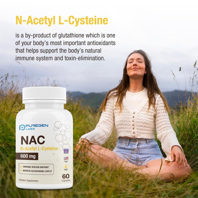 [Australia] - Puregen Labs N-Acetyl-L-Cysteine (NAC) 600mg, Supports immune, respiratory, liver health, NAC 600 mg, potent antioxidant support, free-radicals, easy to absorb - 60 Vegetarian Capsules 1 