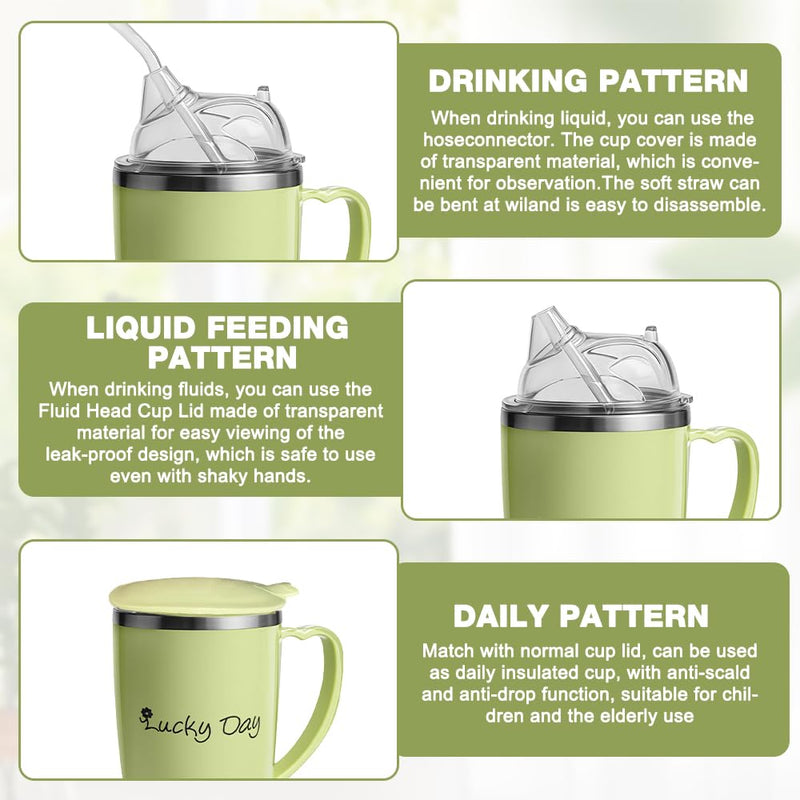 Adult Sippy Cup, 350 ml Adult 3 in 1 Sippy Cup with Lid and Straw, Stainless Steel Drinking Cups for Elderly, Spill Proof Adults Drinking Cup for Elderly, Disabled People, Patients (Green)