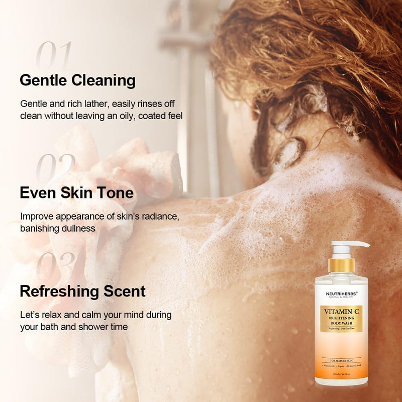 Neutriherbs Brightening Body Wash for Dull,Uneven Skin,Vitamin C Shower Gel | Daily Shower Soap for Women and Men, Enriched Papain, Niacinamide, Fresh Citrus Scent 16.9fl oz, Gentle Cleansing Skincare